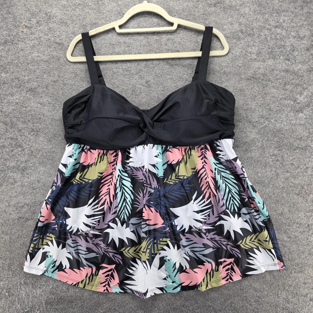 Simply Fit Tankini Swimsuit Womens 3X 2 Piece Black Tropical Tummy Control NWT
